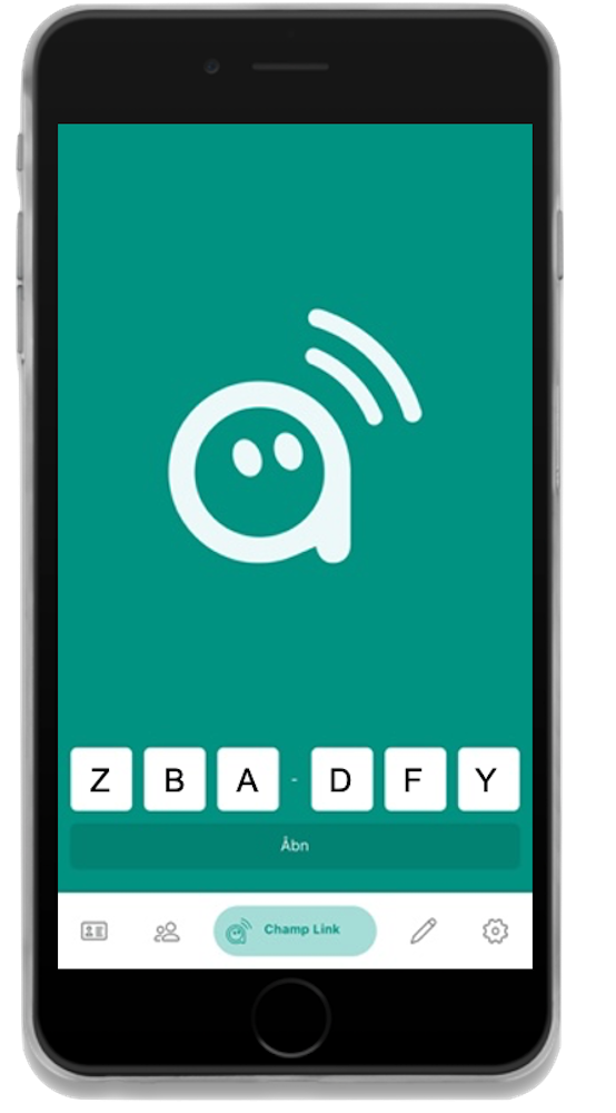 Telefon med Champ appen åben på Champ Link siden, med linket "ZBA-DFY" tastet ind